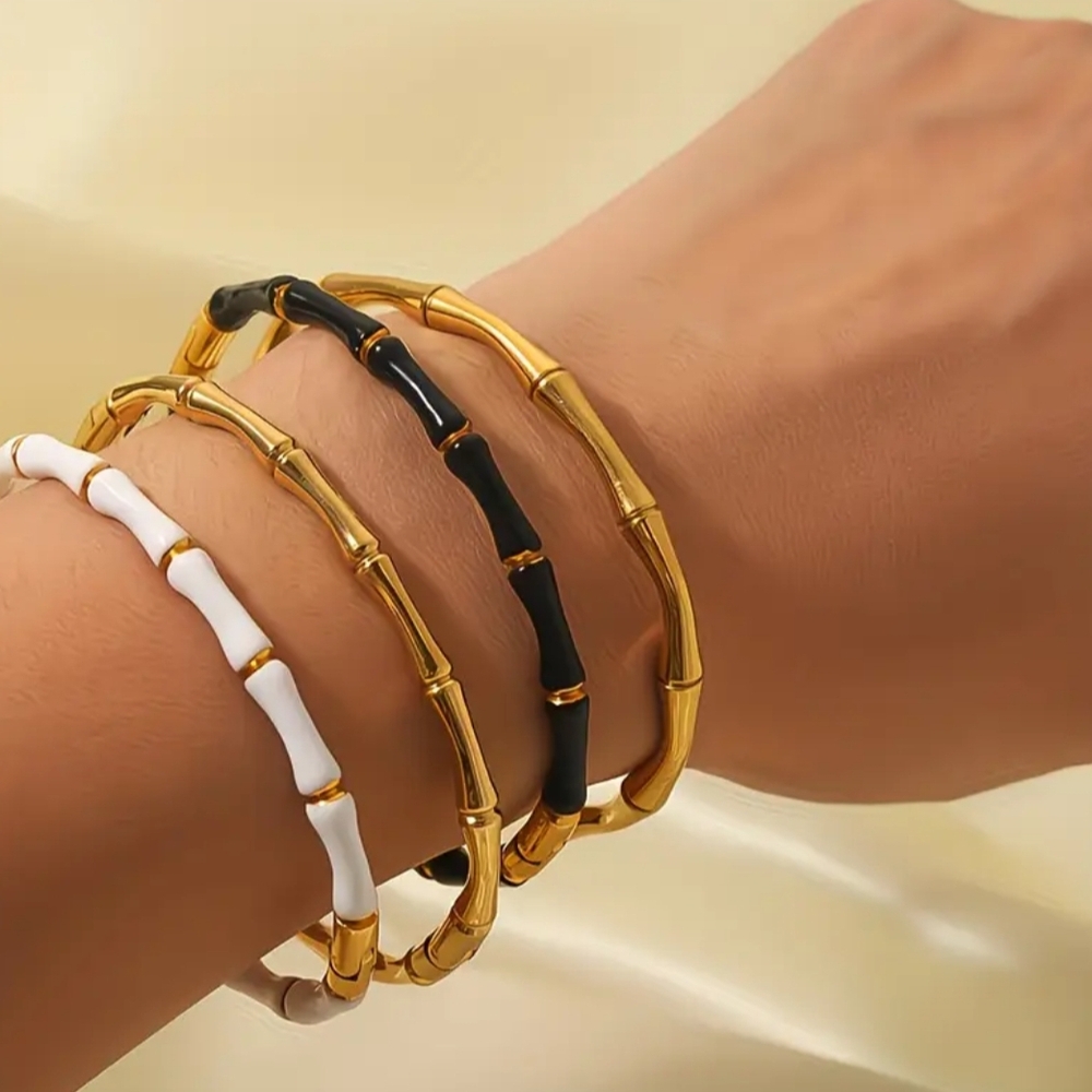 18 KT Gold Over Titanium Enamel Bamboo Bangle Set